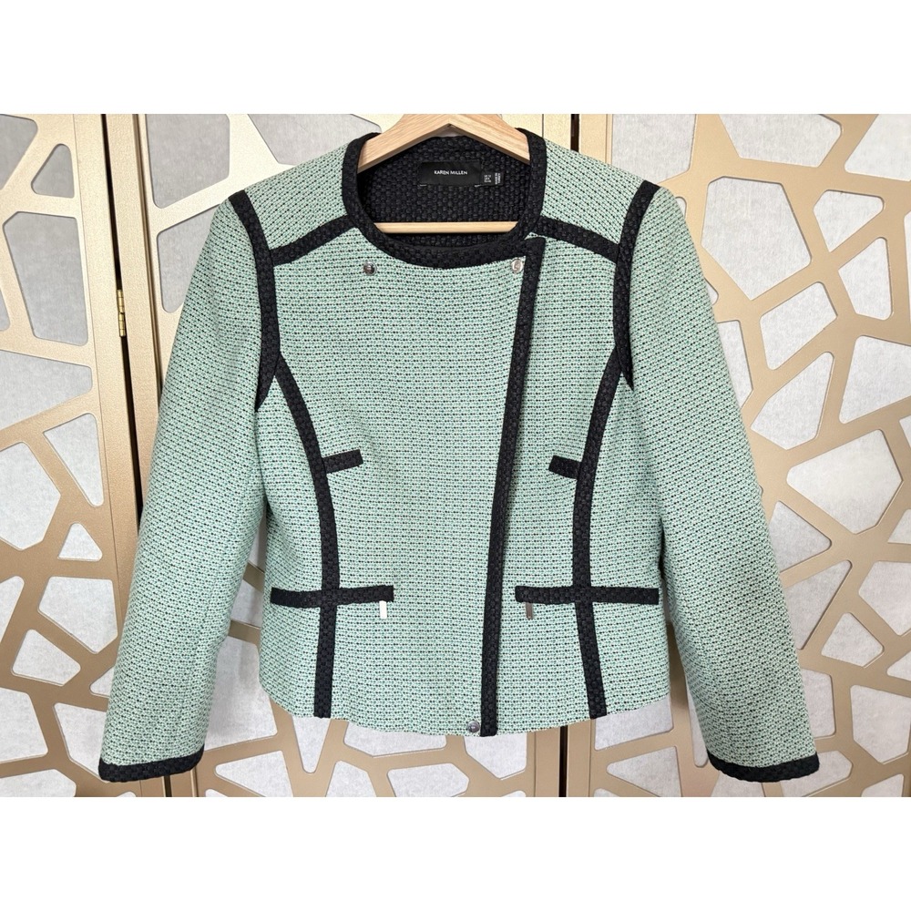 Karen Millen Ice Blue Tweed Moto Full Zip Motorcycle Jacket Blazer Size 8